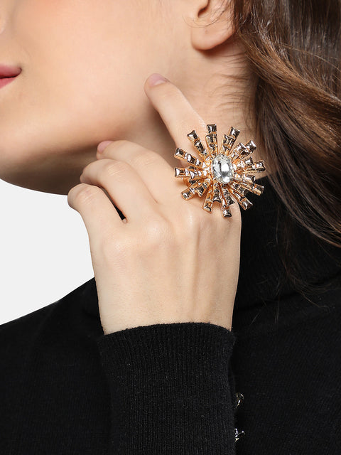 Gold-Plated Crystals-Studded Bud Flower Statement Finger Ring