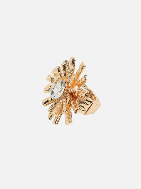 Gold-Plated Crystals-Studded Bud Flower Statement Finger Ring