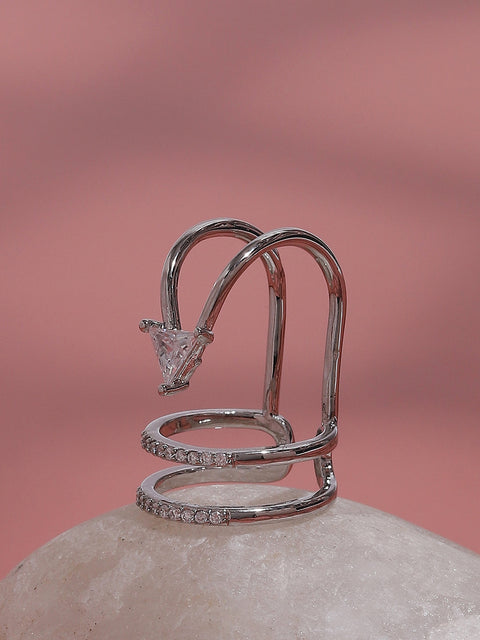 Silver-Plated Stone-Studded Adjustable Finger Ring