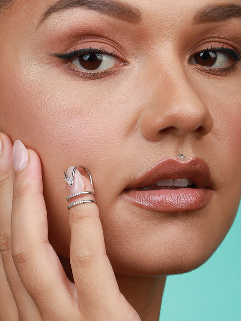 Silver-Plated Stone-Studded Adjustable Chain Linked Finger Ring