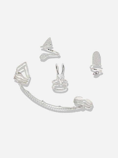 Silver-Plated Stone-Studded Adjustable Chain Linked Finger Ring