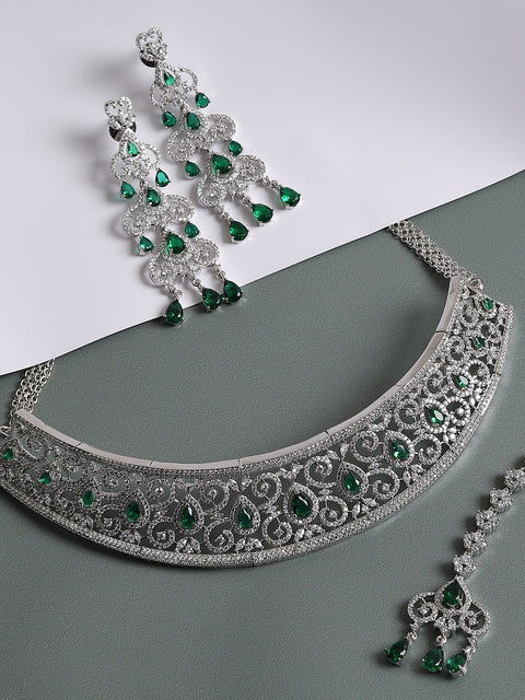 SILVER PLATED AMERICAN DIAMOND AND DESIGNER STONE NECKLACE AND EARRING SET