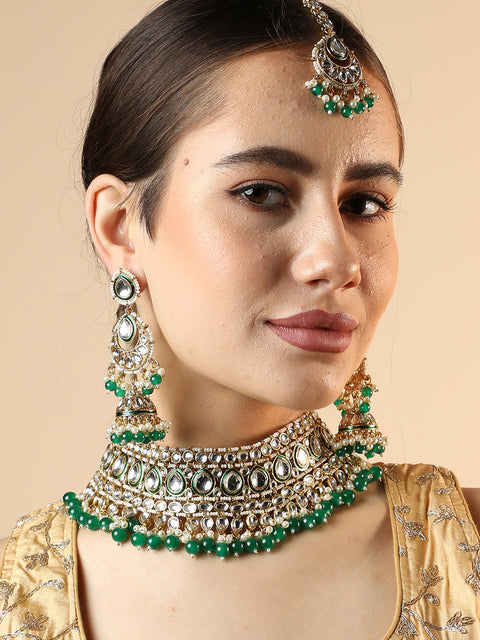 SOHI GOLD PLATED GREEN DROPS JEWELLERY SET