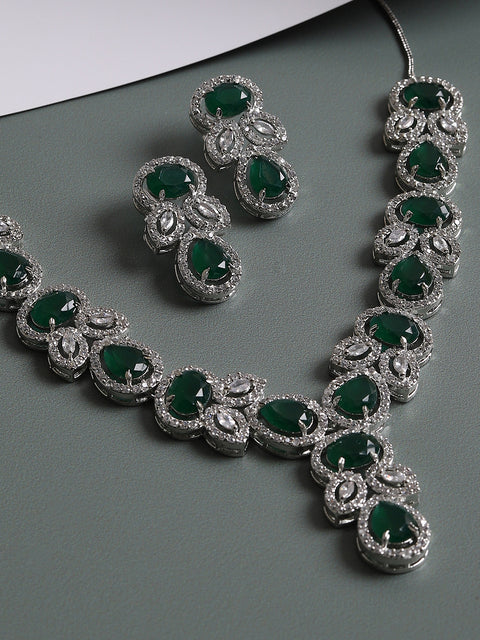 SILVER PLATED AMERICAN DIAMOND AND DESIGNER STONE NECKLACE AND EARRING SET