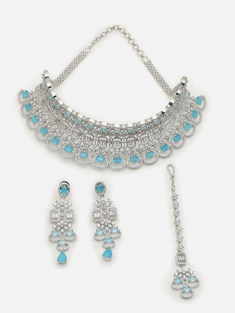 SILVER PLATED AMERICAN DIAMOND AND DESIGNER STONE NECKLACE AND EARRING SET