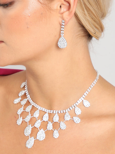 Silver Plated American Diamond Necklace and Earring Set