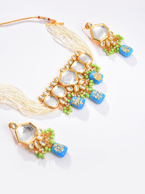 Gold Plated Kundan Beaded Necklace And Earring Set