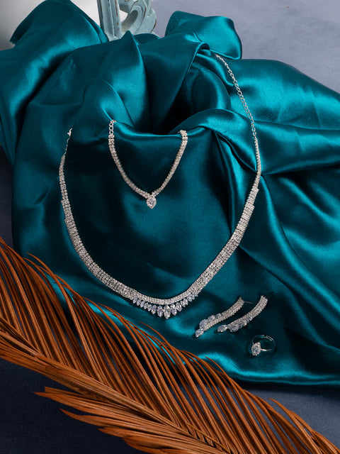 Silver Plated Designer Stone Necklace, Earrings, Bracelet And Ring Set