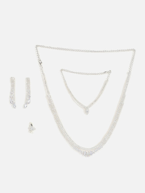 Silver Plated Designer Stone Necklace, Earrings, Bracelet And Ring Set