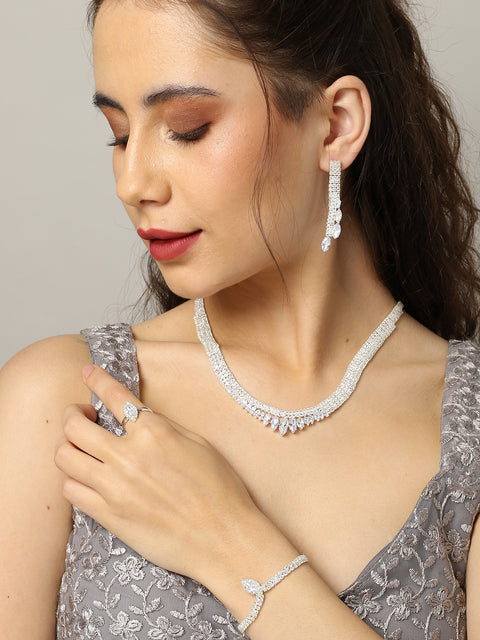 Silver Plated Designer Stone Necklace, Earrings, Bracelet And Ring Set