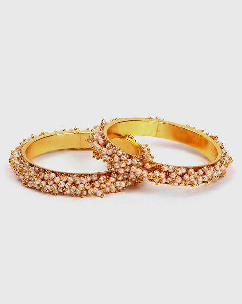 Set Of 2 Gold- Plated And White Pearls Studded Bangles