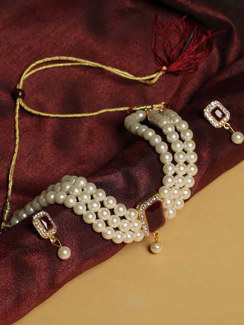 Ruby Maroon Stone Pearl Choker Jewellery Set