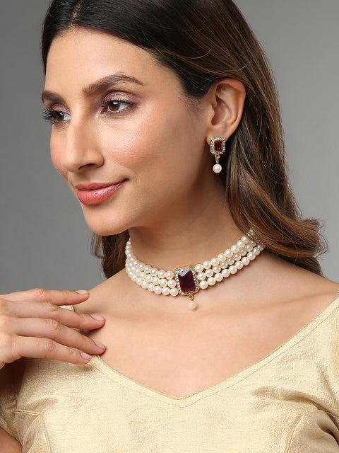 Ruby Maroon Stone Pearl Choker Jewellery Set