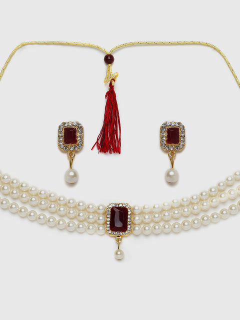 Ruby Maroon Stone Pearl Choker Jewellery Set