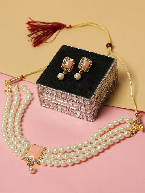 Peach Stone Pearl Choker Jewellery Set