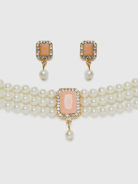 Peach Stone Pearl Choker Jewellery Set