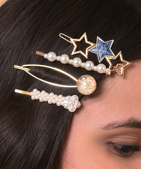 Pack of 7 Gold Plated Designer Stone Pearl Hair Pin