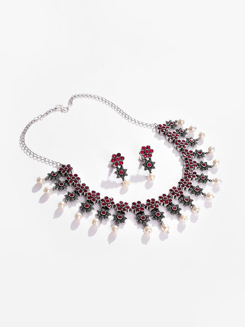 Silver Plated Designer Stone Necklace and Earring Set