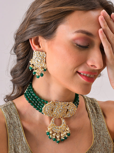 Gold Plated Designer Stone Beaded Necklace and Earring Set