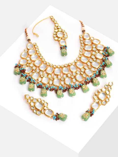 Gold Plated Kundan Beaded Necklace, Earrings and Maang Tikka Set