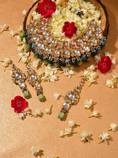 Gold Plated Kundan Beaded Necklace, Earrings and Maang Tikka Set