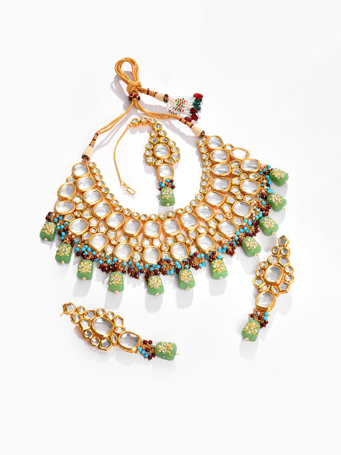 Gold Plated Kundan Beaded Necklace, Earrings and Maang Tikka Set