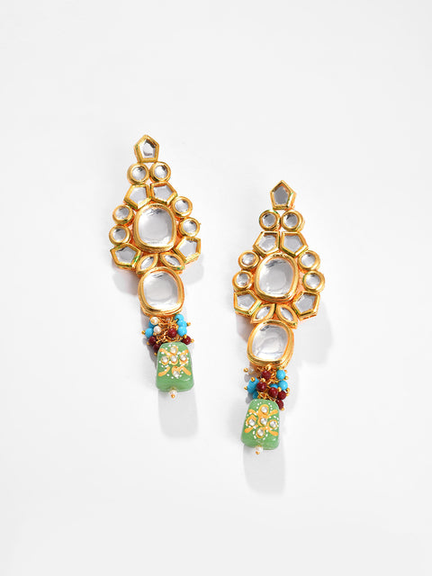 Gold Plated Kundan Beaded Necklace, Earrings and Maang Tikka Set