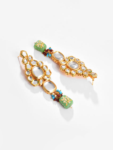 Gold Plated Kundan Beaded Necklace, Earrings and Maang Tikka Set
