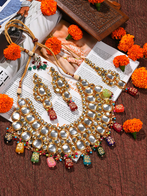 Gold Plated Kundan Beaded Necklace, Earrings and Maang Tikka Set