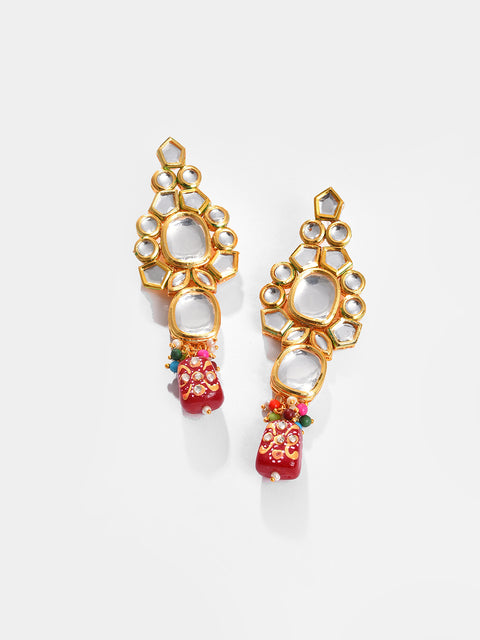 Gold Plated Kundan Beaded Necklace, Earrings and Maang Tikka Set