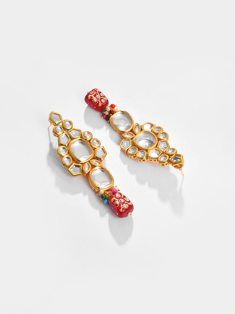 Gold Plated Kundan Beaded Necklace, Earrings and Maang Tikka Set