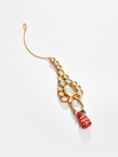 Gold Plated Kundan Beaded Necklace, Earrings and Maang Tikka Set