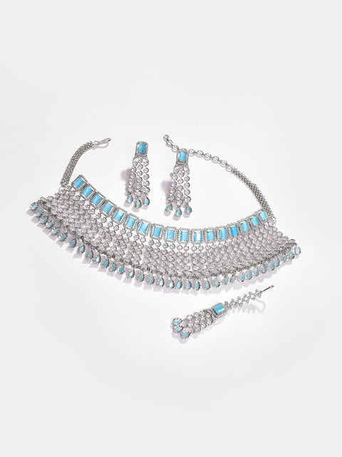 Silver Plated Designer Stone Necklace, Earrings and Maang Tikka Set