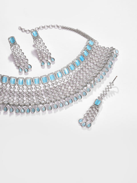 Silver Plated Designer Stone Necklace, Earrings and Maang Tikka Set