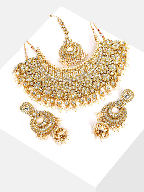 Gold Plated Designer Stone Beaded Necklace, Earrings and Maang Tikka Set