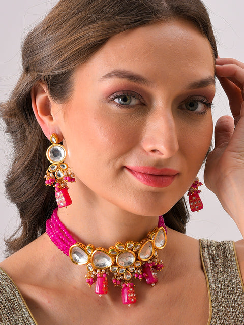 Gold Plated Kundan Beaded Necklace and Earring Set
