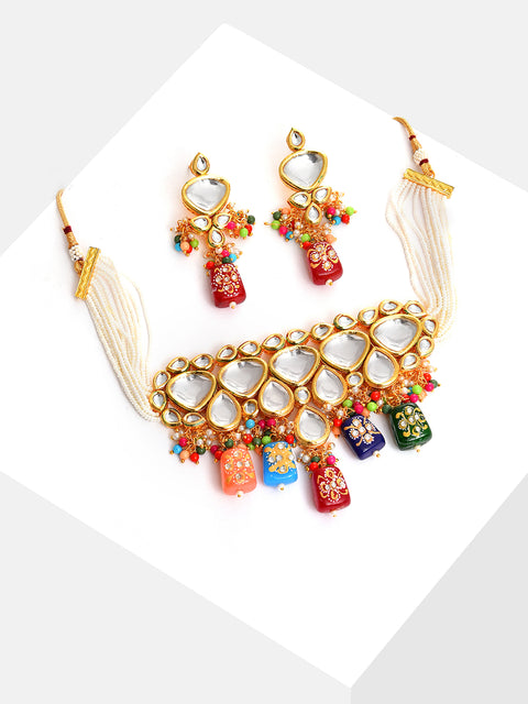Gold Plated Kundan Beaded Necklace and Earring Set