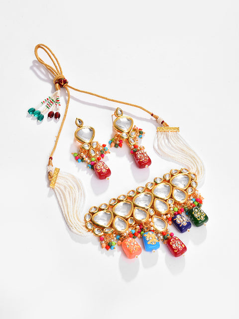 Gold Plated Kundan Beaded Necklace and Earring Set