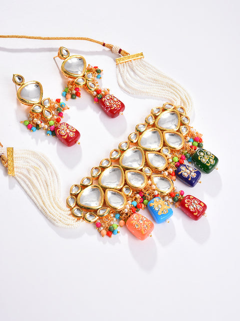 Gold Plated Kundan Beaded Necklace and Earring Set