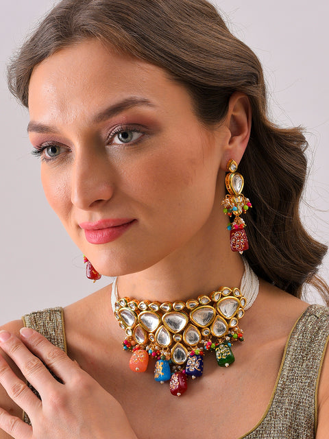 Gold Plated Kundan Beaded Necklace and Earring Set