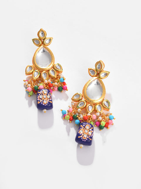 Gold Plated Kundan Beaded Necklace, Earrings and Maang Tikka Set