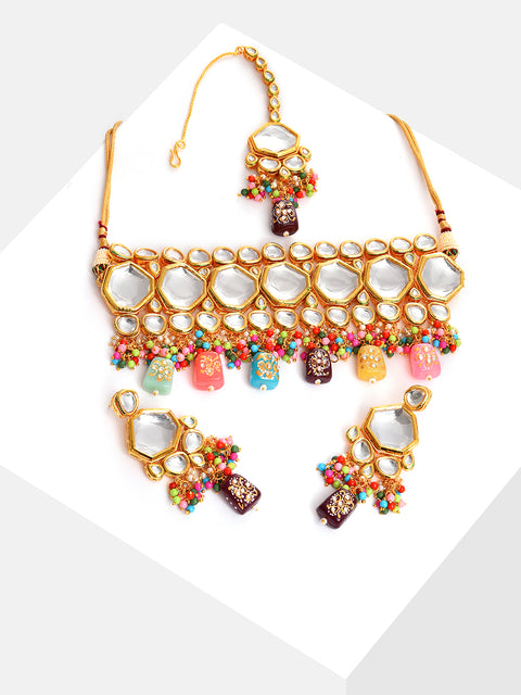 Gold Plated Kundan Beaded Necklace, Earrings and Maang Tikka Set