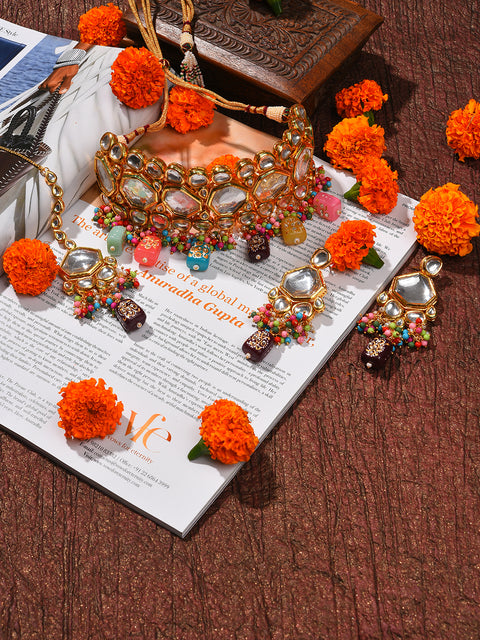 Gold Plated Kundan Beaded Necklace, Earrings and Maang Tikka Set