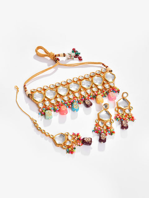 Gold Plated Kundan Beaded Necklace, Earrings and Maang Tikka Set