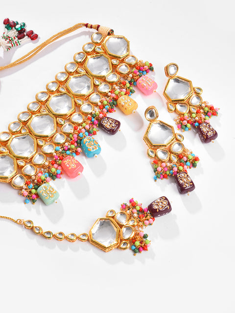 Gold Plated Kundan Beaded Necklace, Earrings and Maang Tikka Set