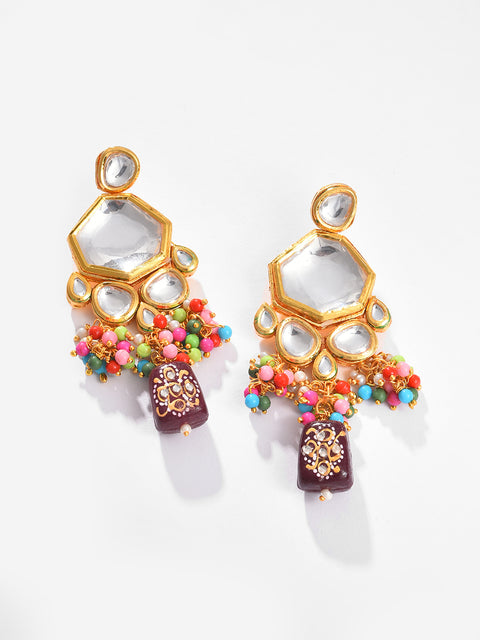 Gold Plated Kundan Beaded Necklace, Earrings and Maang Tikka Set