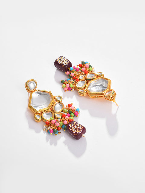 Gold Plated Kundan Beaded Necklace, Earrings and Maang Tikka Set