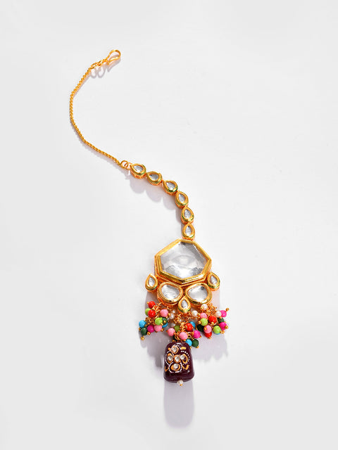 Gold Plated Kundan Beaded Necklace, Earrings and Maang Tikka Set