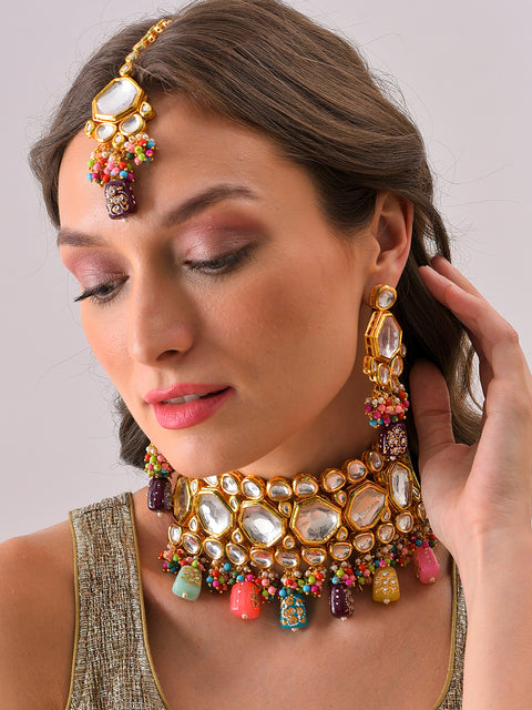 Gold Plated Kundan Beaded Necklace, Earrings and Maang Tikka Set