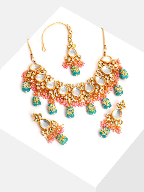 Gold Plated Kundan Beaded Necklace, Earrings and Maang Tikka Set